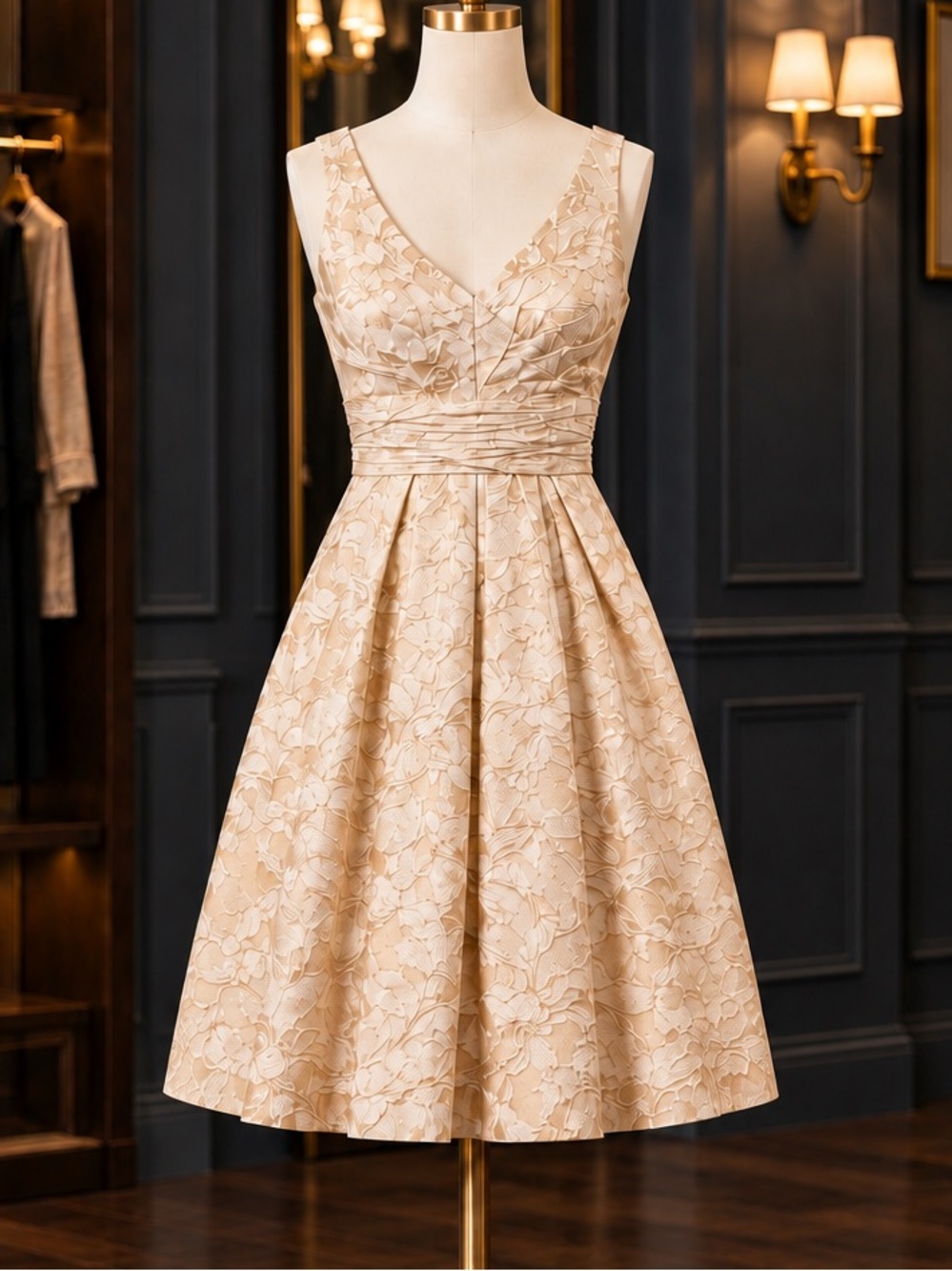 Mikael Aghal Elegant Floral A-Line Dress in Beige damask fit flare New $498